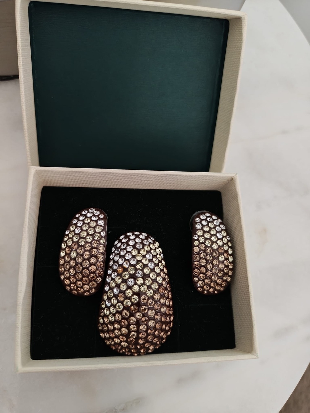 Crystal Pavé Dome Ring and Earrings Set - Bronze Tone